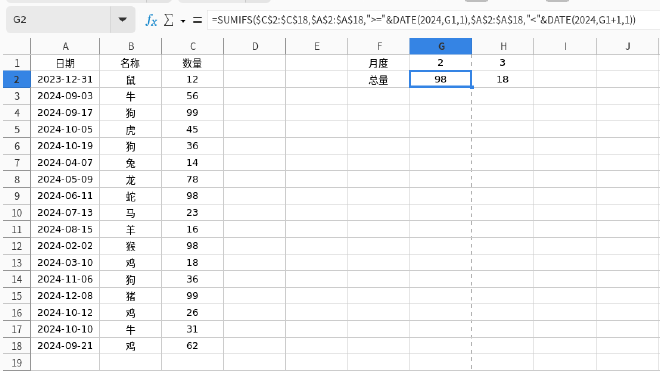 SUMIFS+DATE 函数示例